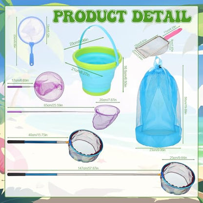 2 Pack Telescopic Kids Fishing Net with Handle, 2 Collapsible Bucket Sand Pail, Stainless Steel Foldable Fishing Net Small Fishing Butterfly Bug Net Beach Shovel with Storage Bag - color: Green Pink Purple Blue