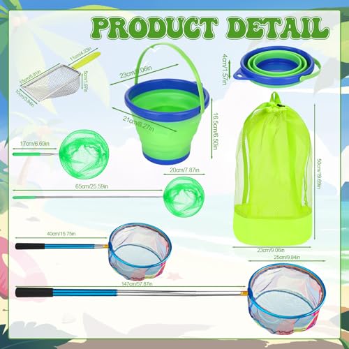 2 Pack Telescopic Kids Fishing Net with Handle, 2 Collapsible Bucket Sand Pail, Stainless Steel Foldable Fishing Net Small Fishing Butterfly Bug Net Beach Shovel with Storage Bag - color: Green Blue