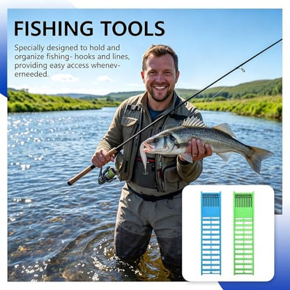 2 Pack Fishing Hook Holder with Double Side Spring, Plastic Line Organizer for Snelled Hooks and Leaders, Blue and Green