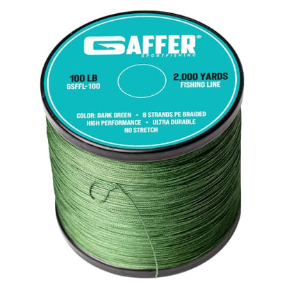 Gaffer Sportfishing Braided Fishing Line – Green – 8-Strand UHMWPE Braid, Ultra-Strong Zero-Stretch, Smooth Coated – Abrasion-Resistant for Saltwater & Freshwater – High Knot Strength - size: 2000Yards - 100lb