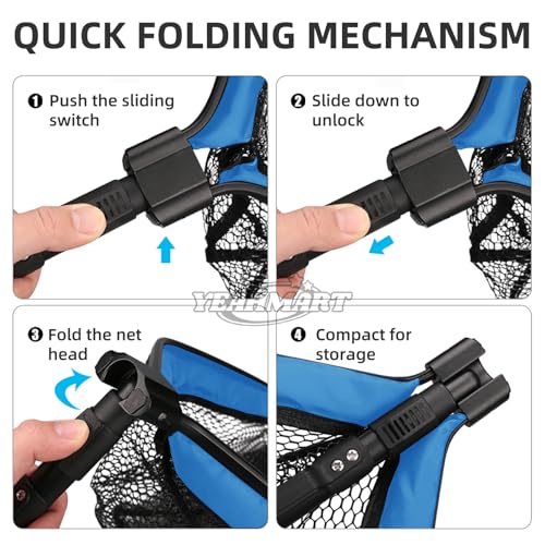 Yeahmart Floating Fishing Net Foldable Landing Net with Pole Handle, Blue | Portable Fishing Gear with Rubber Coated Mesh & Aluminum Handle for Kayak, Fly, Trout, Steelhead, Salmon, Bass Fishing - size: 39.3" Total Length (Telescopic Handle)
