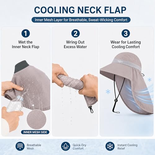 Palmyth Fishing Hat UPF 50+ Sun Protection Neck Flap Hat for Men and Women | Cooling Neck Flap, Water Resistant, Wide Brim, Detachable Chin Strap, Breathable Mesh, Sweatband, Adjustable Buckle, Packable - color: Sand