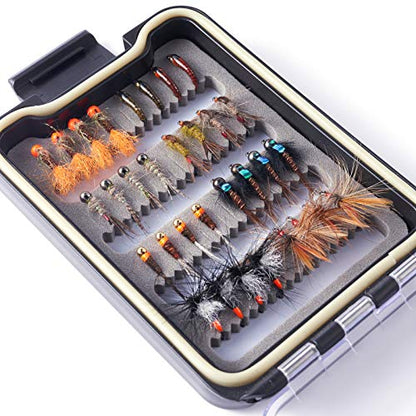 BASSDASH Fly Fishing Flies Kit Fly Assortment Trout Bass Fishing with Fly Box with Dry/Wet Flies, Nymphs, Streamers, Popper - style: 32pcs Barbless Trout Flies