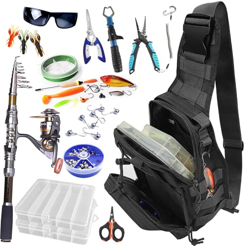 Kynzo Fishing Sling Backpack with Rod Holder, Water-Resistant Fishing Tackle Bag, Durable Shoulder Crossbody Pack for Freshwater Saltwater Fishing (A-Black) - color: A-Black