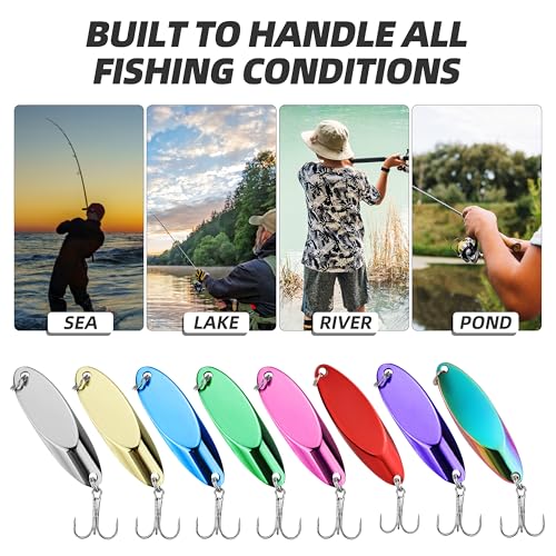Slant Cut Spoon 8PCS – Metal Fishing Baits with High-Reflective Blades for Bass, Trout, Pike, Walleye – Sharp Treble Hooks for Freshwater & Saltwater, Long Casting, Lake & River Fishing - size: 3/4oz
