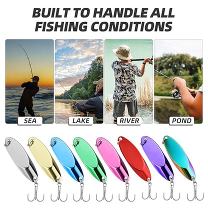 Slant Cut Spoon 8PCS – Metal Fishing Baits with High-Reflective Blades for Bass, Trout, Pike, Walleye – Sharp Treble Hooks for Freshwater & Saltwater, Long Casting, Lake & River Fishing - size: 3/4oz