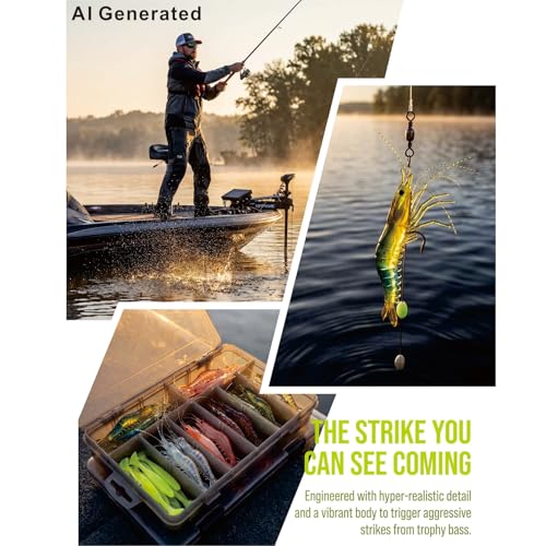 Fishing Lure Kit, 5pcs Bionic Shrimp Lures and 10pcs Paddle Tail Soft Plastic Swimbaits, Glow Soft Baits for Freshwater Saltwater Bass Trout Fishing