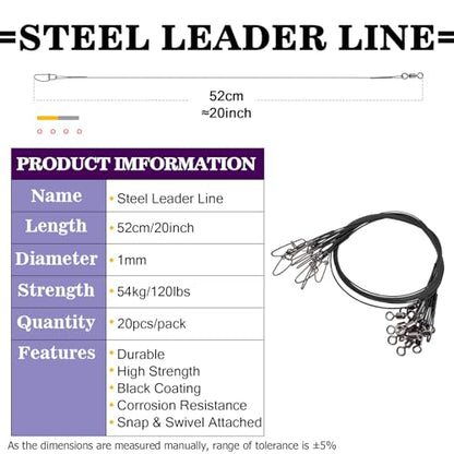 AMYSPORTS High Strength Fishing Leader Kit Heavy Rig Fishing Leaders Swivel Saltwater Line Wire Leader Snap Connector 20pcs 20inch 120lb