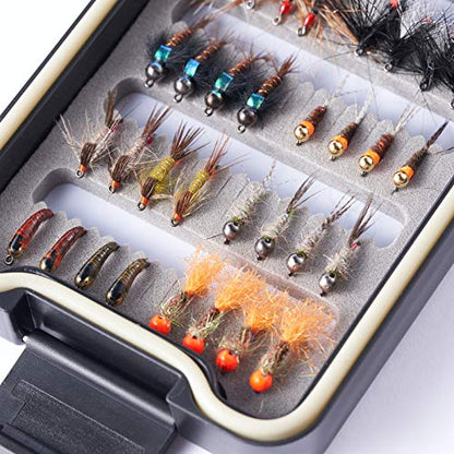 BASSDASH Fly Fishing Flies Kit Fly Assortment Trout Bass Fishing with Fly Box with Dry/Wet Flies, Nymphs, Streamers, Popper - style: 32pcs Barbless Trout Flies
