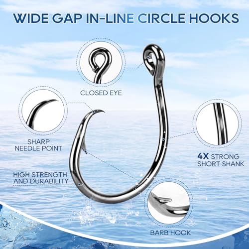 UCEC Circle Hooks Saltwater, in-Line 4X Strong Wide Gap Fishing Circle Hook for Saltwater Freshwater, 50PCS/ 25PCS High Carbon Steel Fishing Hooks for Tuna, Carp, Catfish, Bass, Amberjack and More - style: A5- 7/0 25pcs