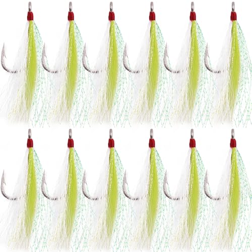 Bucktail Teasers Fishing Hooks Saltwater Flounder Rig Bucktail Mylar Teasers Inserted Stainless Steel Fishing Teaser Hooks for Striped Bass Trout Catfish Cod Flounder Hi/Lo Rig Jigs Spoons Lures - color: Green, size: 12pcs