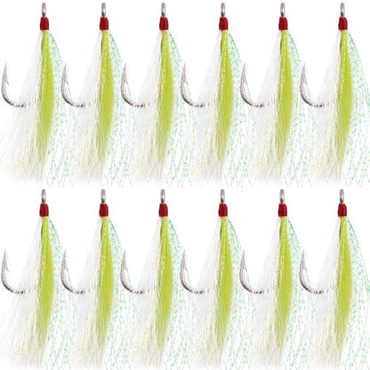 Bucktail Teasers Fishing Hooks Saltwater Flounder Rig Bucktail Mylar Teasers Inserted Stainless Steel Fishing Teaser Hooks for Striped Bass Trout Catfish Cod Flounder Hi/Lo Rig Jigs Spoons Lures - color: Green, size: 12pcs