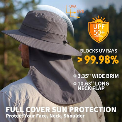 Connectyle Wide Brim Sun Hat for Men Women UPF 50+ Breathable Fishing Hat with Neck Flap Outdoor Hiking Safari Bucket Hats - color: Dark Grey