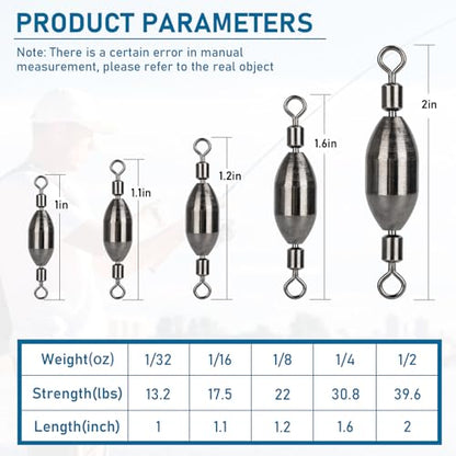THKFISH Brass Fishing Sinker Swivel, 5 Size Trolling Sinkers Swivel Weights Quick Set Up Lead Fishing Sinker with Inner Swivel Rolling for Fishing Saltwater Freshwater,1/32-1/2 OZ - size: 1/8OZ-20PCS