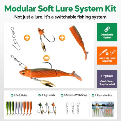 Modular Soft Lure System Kit 15Pcs - Removable Jig Head Hooks Design with Premium TPE Swimbait Paddle Tail, Snap Swivels Included, 3.5in 0.56oz, Mimic Minnow Tackle Box Set for Bass Trout
