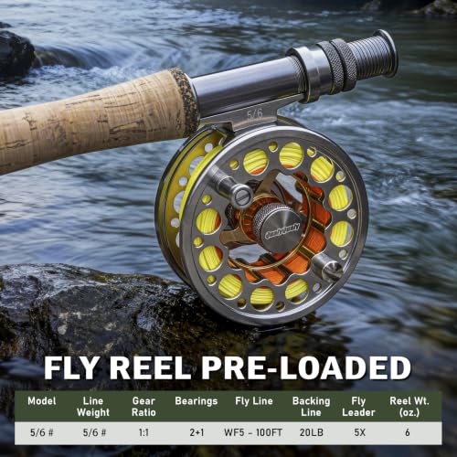 QualyQualy Fly Fishing Combo Starter Kit, 9Ft Fly Rod 4-Piece Graphite Rod with Bag, Accessories, Die Cast Aluminum Pre-Loaded Reel, Chest Pack, Fly Fishng Net & Flies - color: A-5/6-Glod Reel (Pack &Net)