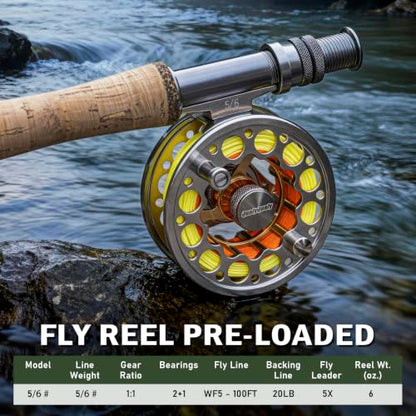 QualyQualy Fly Fishing Combo Starter Kit, 9Ft Fly Rod 4-Piece Graphite Rod with Bag, Accessories, Die Cast Aluminum Pre-Loaded Reel, Chest Pack, Fly Fishng Net & Flies - color: A-5/6-Glod Reel (Pack &Net)