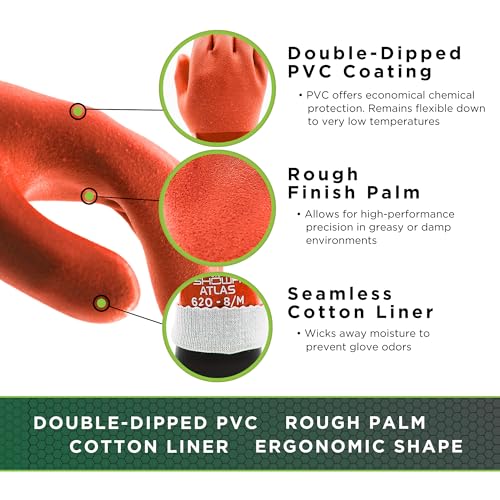 SHOWA Atlas 620 Double-Dipped PVC Chemical Resistant Gloves, Rough Finish Grip, Seamless Cotton Liner - size: XX-Large, style: Single Pair