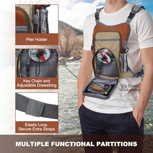 Fly Fishing Chest Pack, Lightweight Fishing Backpack, Fishing Tackle Storage Fits Up to Hold Fly Boxes, Fishing Accessories for Men(Orange + Gray)