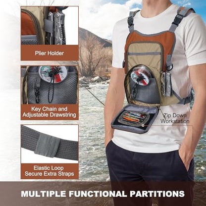 Fly Fishing Chest Pack, Lightweight Fishing Backpack, Fishing Tackle Storage Fits Up to Hold Fly Boxes, Fishing Accessories for Men(Orange + Gray)