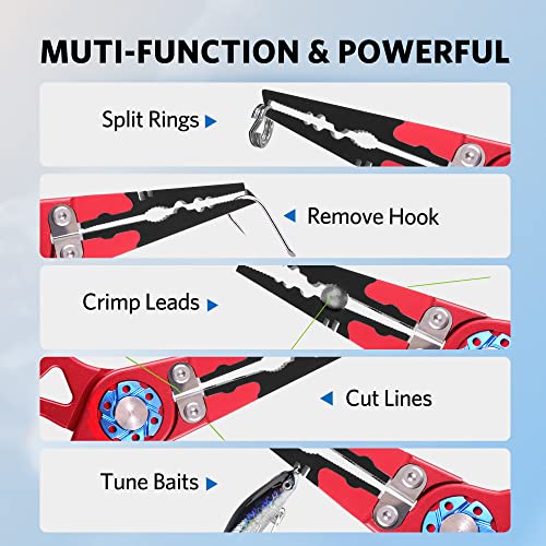 Saltwater Fishing Pliers, Split Ring Pliers for Fishing with Safety Lock, Fish Pliers with Sheath and Lanyard, Fishing Gifts for Men - color: B-red