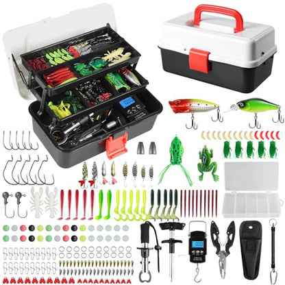 3 Layers Fishing Tackle Box, 213Pcs Fishing Lures Kit with Small Fishing Tool Kit Containing Weights Scale, Lip Clip, Hook Remover, Fishing Accessories, Fishing Gear for Beginners Kids, Men, Adults - color: black