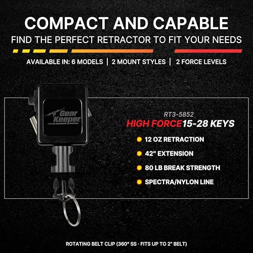 Gear Keeper Retractable Keychain with Stainless Steel Rotating Belt Clip - Split Ring Tactical Keychain for Keys & Badges - Holds Up to 28 Equipment Keys - High Force, 42-Inch Extension - USA Made - size: 15-28 Keys