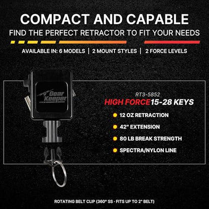 Gear Keeper Retractable Keychain with Stainless Steel Rotating Belt Clip - Split Ring Tactical Keychain for Keys & Badges - Holds Up to 28 Equipment Keys - High Force, 42-Inch Extension - USA Made - size: 15-28 Keys