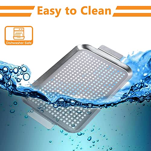 Grill Pan Set of 2, BBQ Grill Topper for Outdoor Grill, Stainless Steel Grilling Baskets with Holes and Handles, Perforated Food Tray Barbecue Accessories for Vegetable, Fish, Meat, Seafood