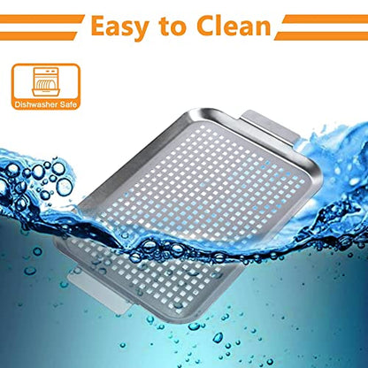 Grill Pan Set of 2, BBQ Grill Topper for Outdoor Grill, Stainless Steel Grilling Baskets with Holes and Handles, Perforated Food Tray Barbecue Accessories for Vegetable, Fish, Meat, Seafood