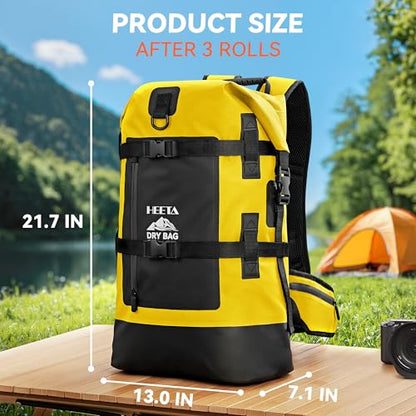 HEETA Dry Bags Waterproof Backpack 40L for Men & Women, Roll Top Heavy Duty Cushioned Hiking Backpack for Kayaking Boating Paddle Boarding Fishing Travel Camping Beach Vacation Cruise Ship Essentials - color: Yellow