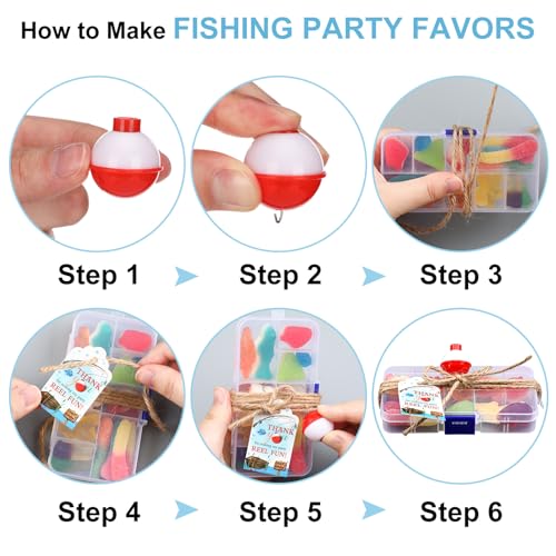 Wonderjune 24 Sets Fishing Party Favors Candy Little Tackle Boxes with Red White Floater Thank You Cards for Making My Reel Fun Fishing Theme Party Decorations