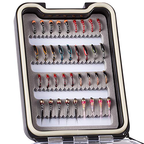 BASSDASH Fly Fishing Flies Kit Fly Assortment Trout Bass Fishing with Fly Box with Dry/Wet Flies, Nymphs, Streamers, Popper - style: 36 Pcs Nymph Midge Flies