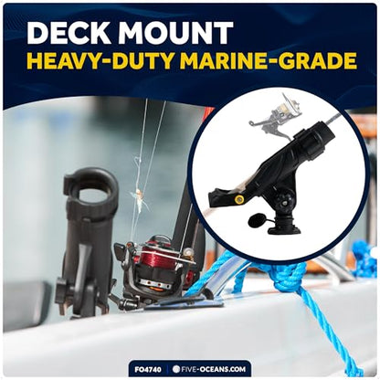 Five Oceans Fishing Rod Holder for Boat with Deck Mount Base, Black, High-Impact Nylon for Boats & Kayaks, Multiple Sizes - style: X-large Rod Holder + Spring-loaded Lock Cap Base