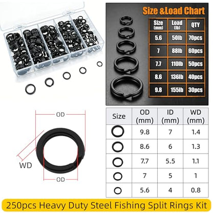 Fishing Split Rings Kit: 250pcs Heavy Duty Steel Fishing Lure Making Ring Fishing Hook Connector Tackle - color: Black Split Set