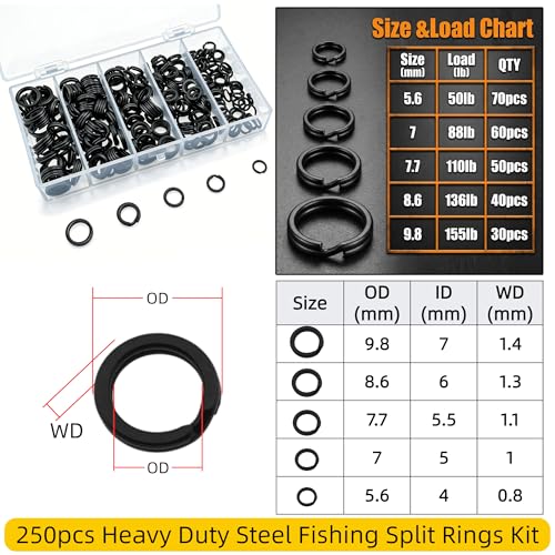 Fishing Split Rings Kit: 250pcs Heavy Duty Steel Fishing Lure Making Ring Fishing Hook Connector Tackle - color: Black Split Set