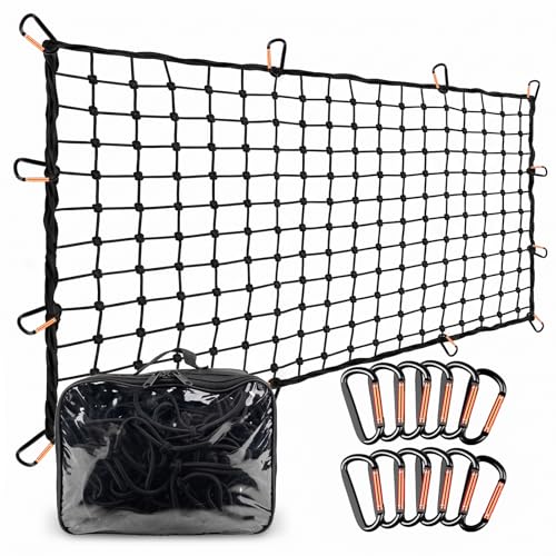 4' x 6' Cargo Net (Stretches to 8'x12') with 12 Metal Carabiners | 4" x 4" Mesh, Bungee Truck Bed Net, Large Items Organizer Accessory for Pickup Trucks, RVs, and Cargo Storage