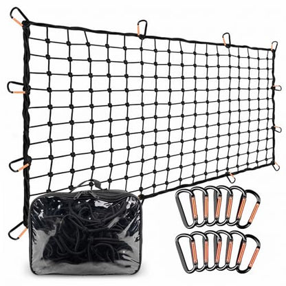 4' x 6' Cargo Net (Stretches to 8'x12') with 12 Metal Carabiners | 4" x 4" Mesh, Bungee Truck Bed Net, Large Items Organizer Accessory for Pickup Trucks, RVs, and Cargo Storage
