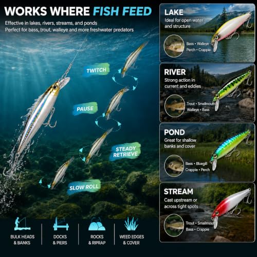 Floating Minnow Fishing Lure, 3.35in 0.30oz ABS Hard Bait with BKK 3X Size 6 Treble Hooks, Weight Transfer Rattle, 1-3ft Shallow Diving Lure for Bass Trout Walleye, Boxed - color: B01-6PCS/0.3OZ-3.35"