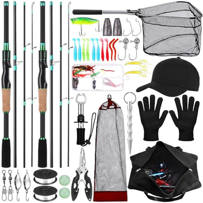 60 Pcs Father's Day Fishing Rod and Line Combo Detachable Fishing Pole Kit Without Reel, Plier Lip Gripper, Fish Lure Hook Accessories, Carrier Bag for Beginner Men Travel Saltwater Freshwater