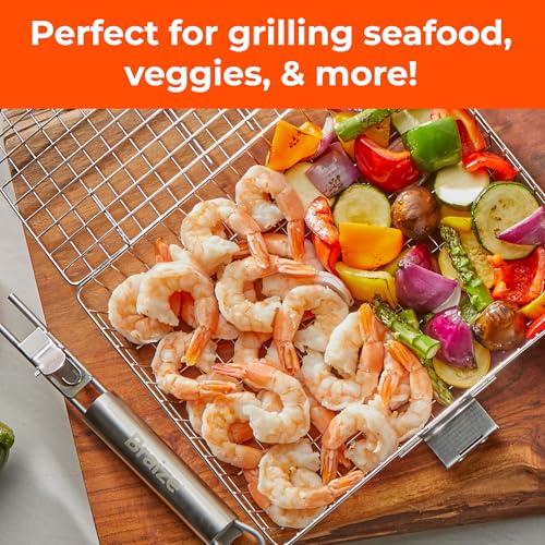 Stainless Steel Large Grill Basket with Removable Handle – 12.25 x 9.5 x 1.5 Inch BBQ Vegetable Basket with Easy Open Lid, Silicone Basting Brush & Scrub Sponge – Outdoor Cooking & Camping Accessory - size: w/ Accessories