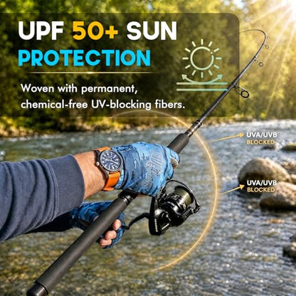 Riverruns SwiftShield Fishing Gloves Shortened Wrist UPF50+ Sun Gloves Fingerless Lightweight Breathable Hiking Driving Kayaking Paddling - color: CamoBlue, size: Large
