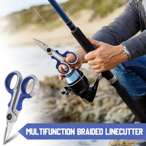 Honoson 2 Pcs 5.7" Fishing Scissors Braided Line Cutters Fishing Heavy Duty 3cr13 Non Slip Serrated Edge Scissors Saltwater Freshwater Braid Multi Function Snips for Trimming (Blue Gray) - color: Blue Gray