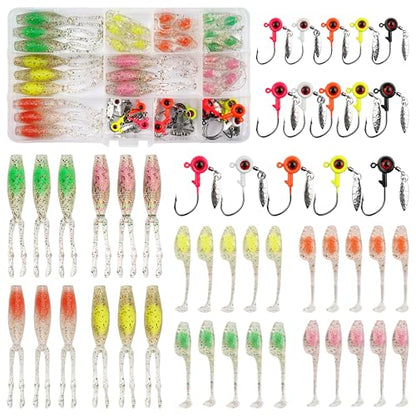 Crappie Lures Soft Plastic Fishing Lures Kit, 52pcs Glow Paddle Tail Swimbaits with Glitter, Mini Fishing Baits for Crappie Bluegill Trout Bass Perch Panfish, Freshwater Tackle Kit - color: 47pcs Crappie Jigs Lure Kit