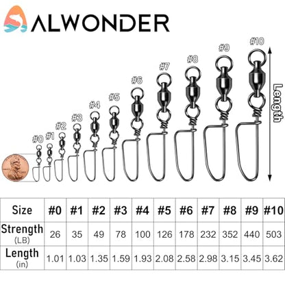 Alwonder 20-Pack Ball Bearing Swivels with Snaps, Fishing Snap Swivels Fishing Tackle Saltwater Freshwater Coastlock Snaps Barrel Swivel Leader Connector Downrigger Planer Release Clips - size: #8-352lb