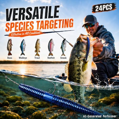 Soft Plastic Bass Fishing Lures 5" - Salt Infused Stick Bait, Fall Rate for Wacky/Texas/Carolina Rig, Saltwater Soft Plastic Swimbaits, Bass Lures Soft Plastic Freshwater (24Pcs) - color: Deep Ocean Blue