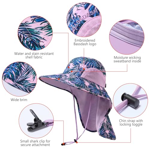 BASSDASH UPF 50+ Unisex Water Resistant Wide Brim Sun Hat with Large Neck Flap Ponytail Fishing Hat for Men Women - color: Palm Leaves/Light Purple