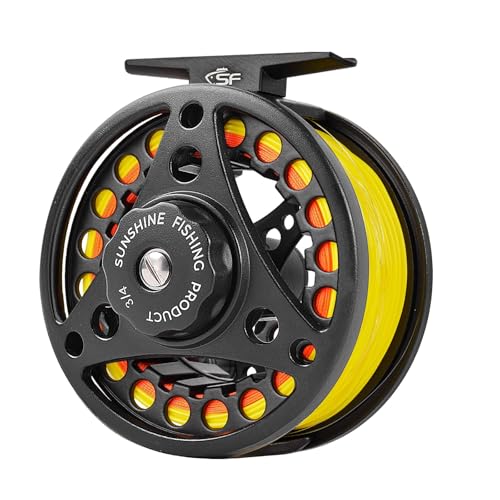 SF SF-001 Large Arbor Fly Fishing Reel with Aluminum Alloy Body 3/4wt 5/6wt 7/8wt Die Cast Pre-Loaded Fly Reel with Line Combo for Trout Bass Carp Pike Panfish - color: MB Preloaded with Fluorescent Yellow Fly Line, size: 3/4wt