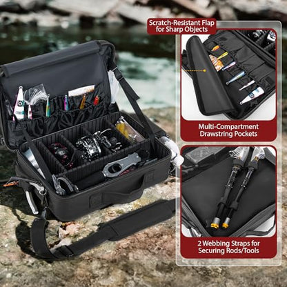 Goture Fishing Reel Case, Hard Shell Storage Bag with Adjustable Dividers | Modular dividers for custom fit 600D water-resistant fabric & EVA padding Integrated rod straps & quick-access pockets - color: Black