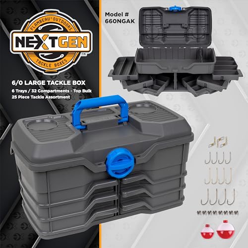 Flambeau Outdoors 660NGAK Next Gen 6/0 Large Fishing Tackle Box - 6 Pivot Trays, 32 Compartments, Includes 25-piece Tackle Kit, Fishing Tackle and Gear Storage, Fishing Lure Organizer, Dark Gray - size: With Tackle Kit